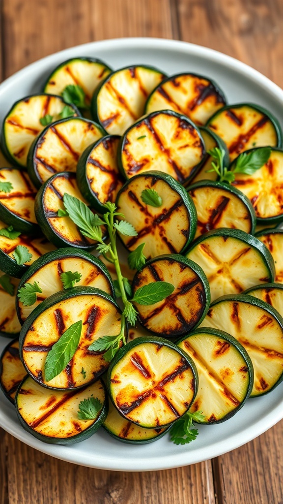 Grilled zucchini slices garnished with herbs on a rustic wooden table.